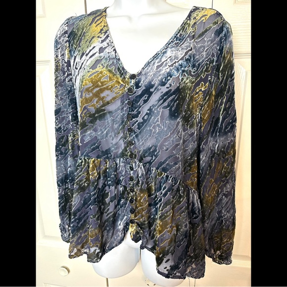 New SUNDANCE Velvet Riches Burnout Peplum Blouse Top Shirt Blue Green Silk Yello - Picture 12 of 12